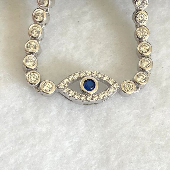 Sterling Silver 925 Blue Topaz & CZ Evil Eye Adjustable Bolo Tennis Bracelet - Picture 5 of 16